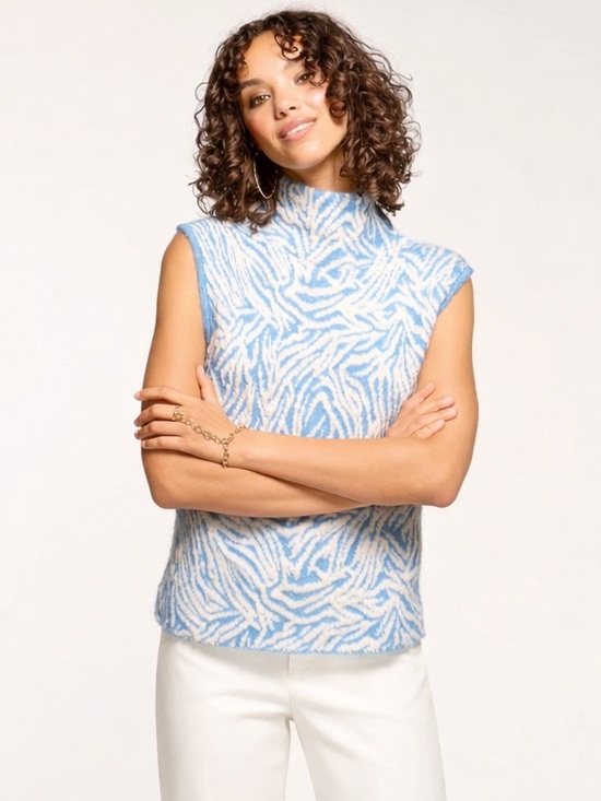 Ramy Brook Sweaters - Ramy Brook NEW Animal Jacquard Sweater Vest MEDIUM Wool Alpaca Blue Mock Neck